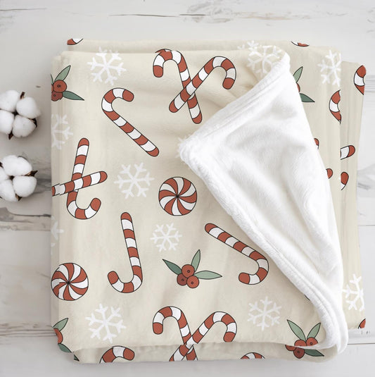 Candy Cane - Beige, Sherpa Fleece Blanket, Decor, Kids Bedding, Blankets, Children's Room, Christmas Festive Blanket
