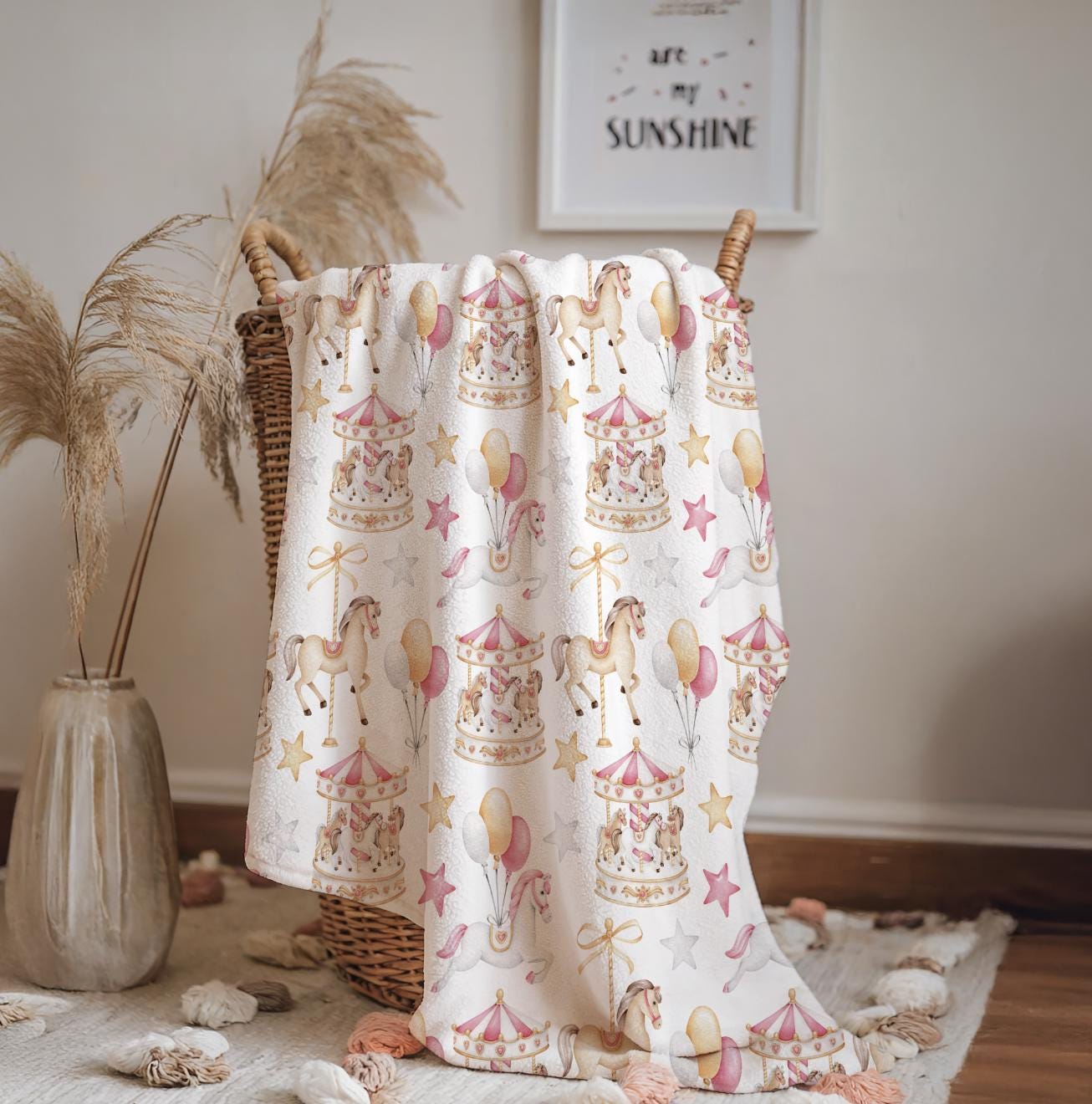 Carousel - Pink, Sherpa Fleece Blanket, Decor, Kids Bedding, Blankets, Children's Room, Pink Horses Carousel, Kids Blanket