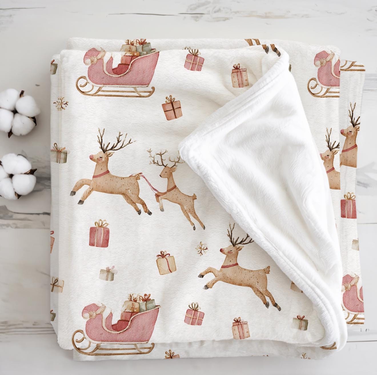 Christmas - Sleigh Reindeer, Sherpa Fleece Blanket, Decor, Kids Bedding, Blankets, Children's Room, Christmas Festive Blanket