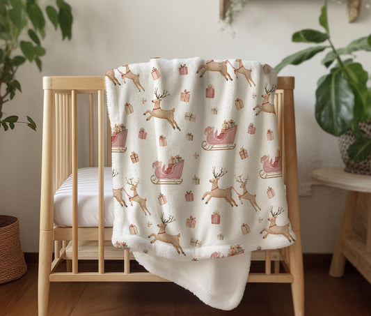 Christmas - Sleigh Reindeer, Sherpa Fleece Blanket, Decor, Kids Bedding, Blankets, Children's Room, Christmas Festive Blanket