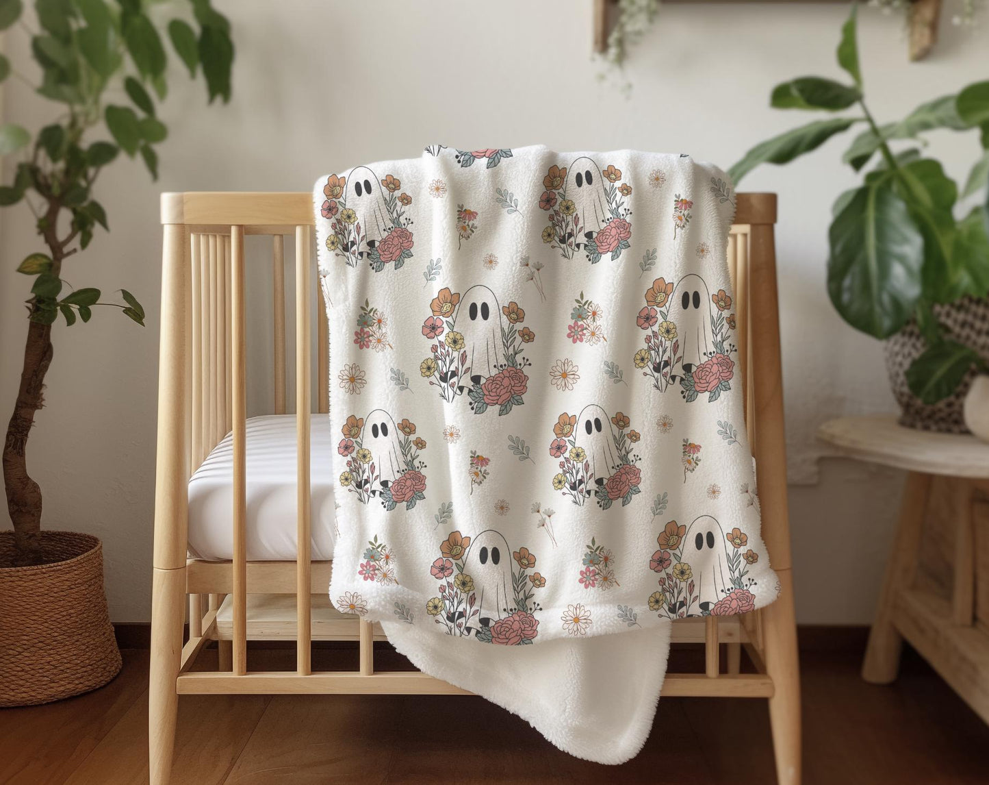 Ghosts - Floral, Sherpa Fleece Blanket, Decor, Kids Bedding, Blankets, Children's Room, Halloween Ghosts with Flowers, Fleece Blanket