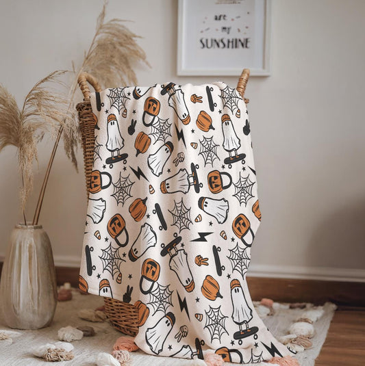 Ghost - Skater, Sherpa Fleece Blanket, Decor, Kids Bedding, Blankets, Children's Room, Halloween Ghosts with Skateboards, Fleece Blanket