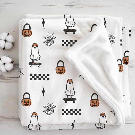 Ghost - Skateboard, Sherpa Fleece Blanket, Decor, Kids Bedding, Blankets, Children's, Halloween Ghost - Skateboard Checkered, Fleece Blanket