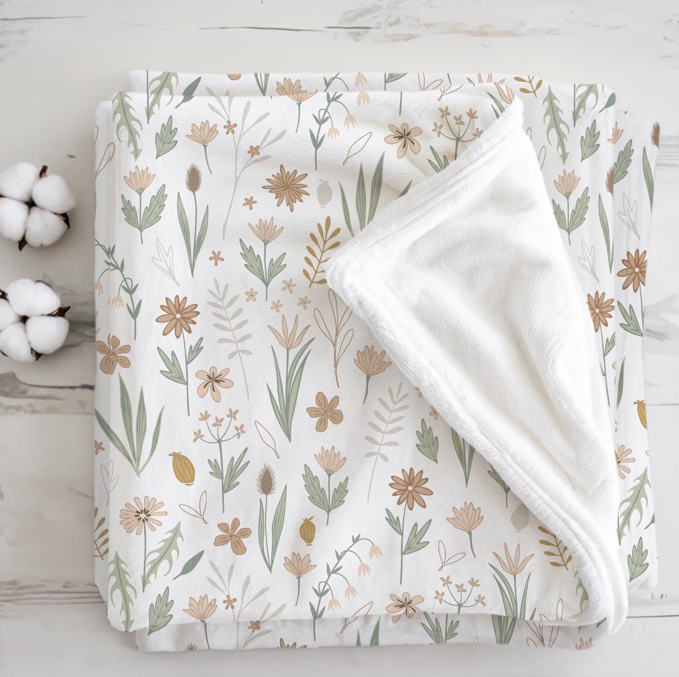 Flowers - Sage and Beige, Sherpa Fleece Blanket, Decor, Kids Bedding, Blankets, Children's Room, Floral, Flower, Pretty Girls Fleece Blanket