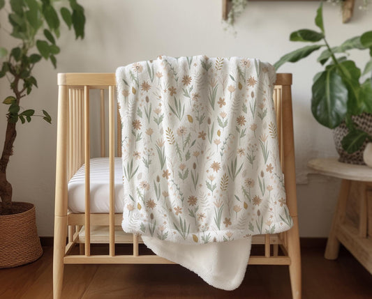 Flowers - Sage and Beige, Sherpa Fleece Blanket, Decor, Kids Bedding, Blankets, Children's Room, Floral, Flower, Pretty Girls Fleece Blanket