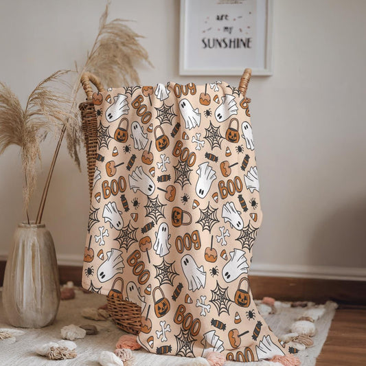 Ghosts - Orange Boo, Sherpa Fleece Blanket, Decor, Kids Bedding, Blankets, Children's, Ghost Halloween, Candy, Boo, Fleece Blanket