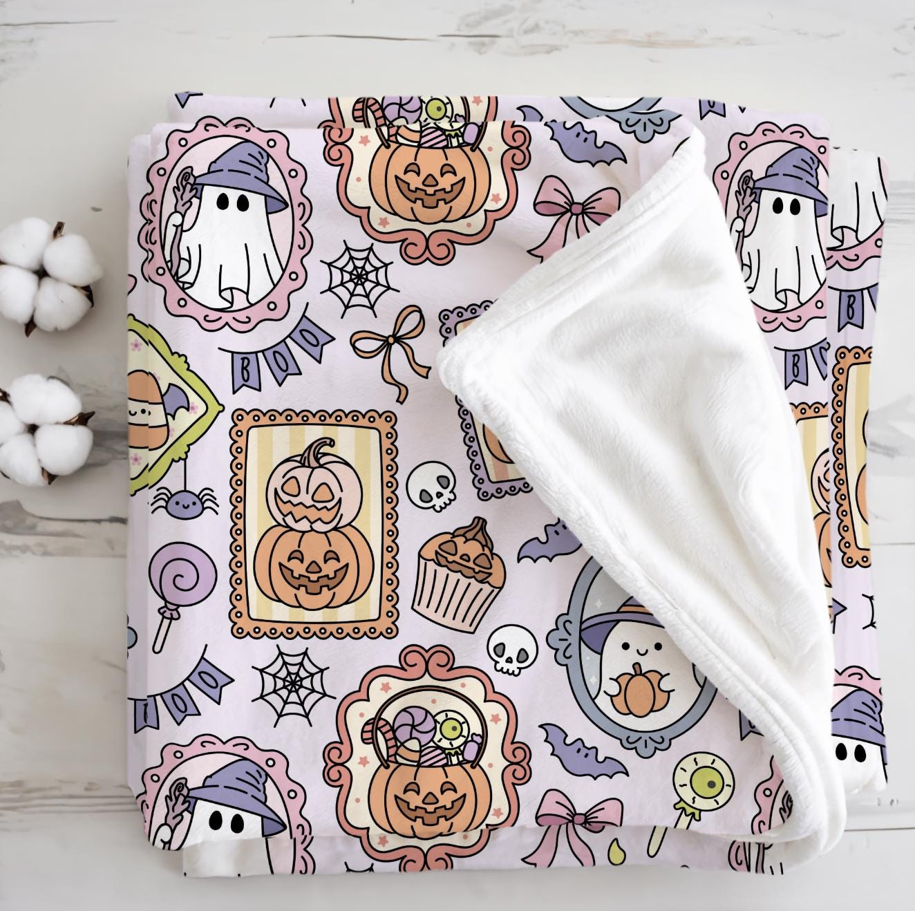 Halloween - Frames JLR, Sherpa Fleece Blanket, Decor, Kids Bedding, Purple, Children's Room, Halloween Ghost, Pumpkins, Fleece Blanket