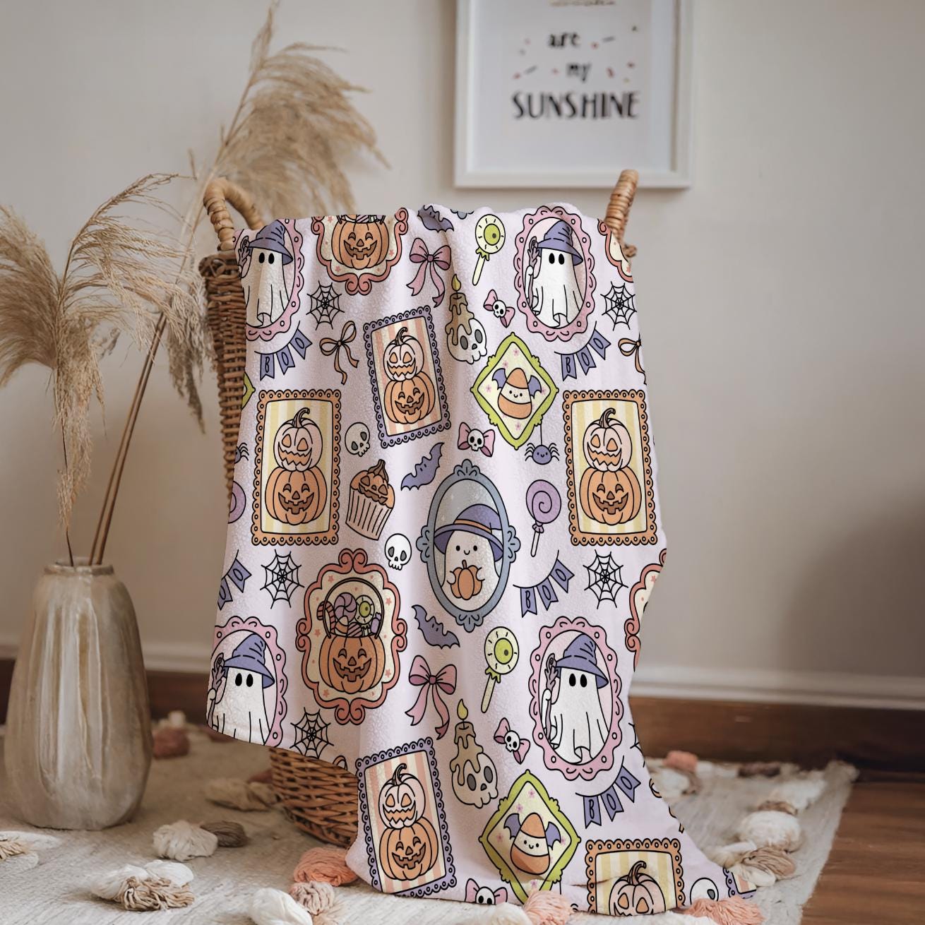 Halloween - Frames JLR, Sherpa Fleece Blanket, Decor, Kids Bedding, Purple, Children's Room, Halloween Ghost, Pumpkins, Fleece Blanket