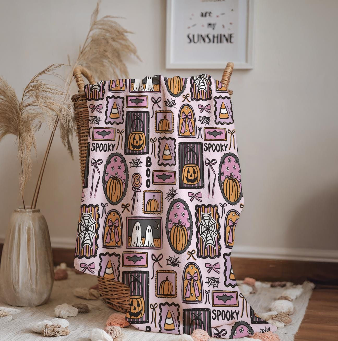 Halloween - Frames Pink, Sherpa Fleece Blanket, Decor, Kids Bedding, Purple, Children's Room, Halloween Ghost, Pumpkins, Fleece Blanket