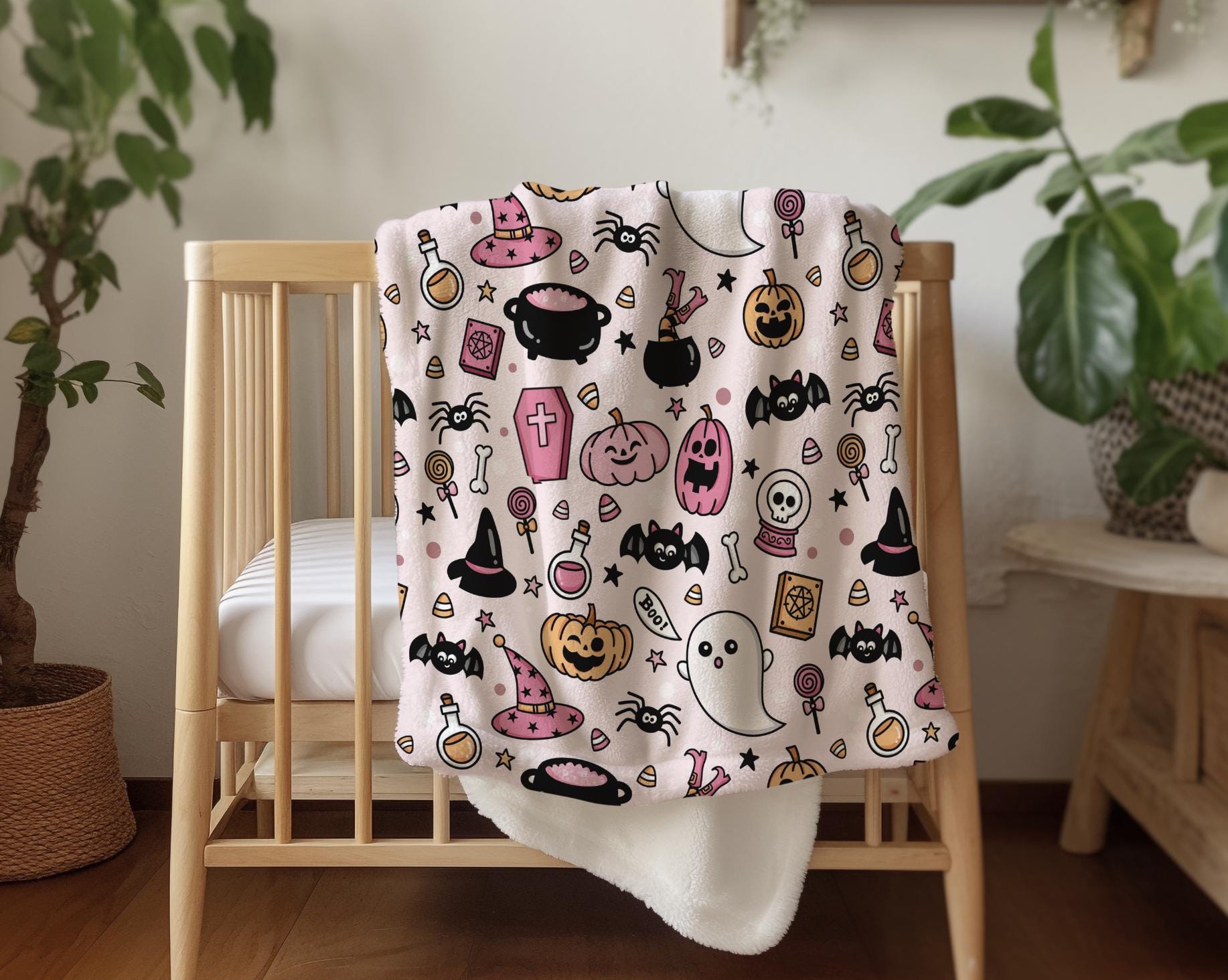 Halloween - Pink, Sherpa Fleece Blanket, Decor, Kids Bedding, Blankets, Children's, Ghost Halloween, Pumpkins, Fleece Blanket