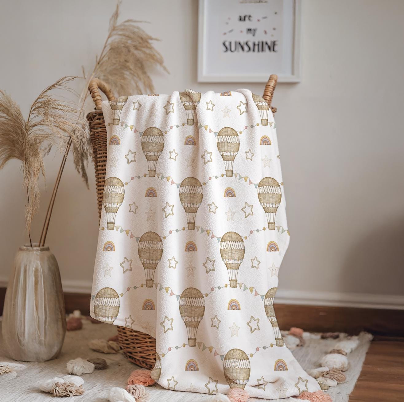 Hot Air Balloons - Wicker Rainbows, Sherpa Fleece Blanket, Decor, Kids Bedding, Children's Room, Hot Air Balloons Fleece Blanket