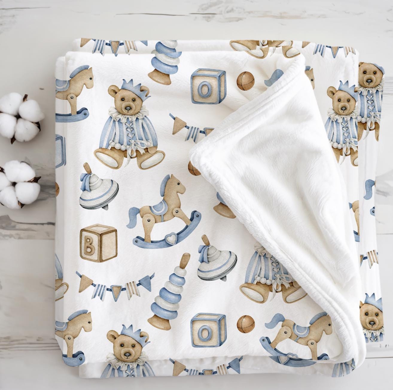 Vintage Bear - Blue, Sherpa Fleece Blanket, Decor, Kids Bedding, Blankets, Children's, Vintage Rocking Horse, Boys Fleece Blanket