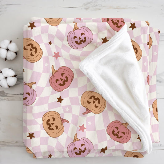 Pumpkins - Checkered - Pink, Sherpa Fleece Blanket, Decor, Kids Bedding, Blankets, Children's, stars Halloween, Pumpkins, Fleece Blanket