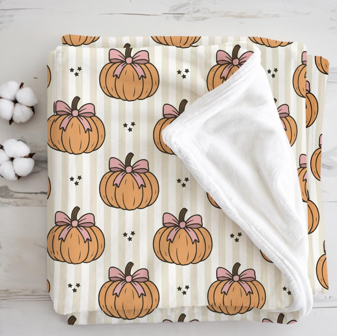 Pumpkins - Stripes - Beige, Sherpa Fleece Blanket, Decor, Kids Bedding, Blankets, Children's, Halloween, Pumpkins, Fleece Blanket
