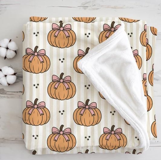 Pumpkins - Stripes - Beige, Sherpa Fleece Blanket, Decor, Kids Bedding, Blankets, Children's, Halloween, Pumpkins, Fleece Blanket