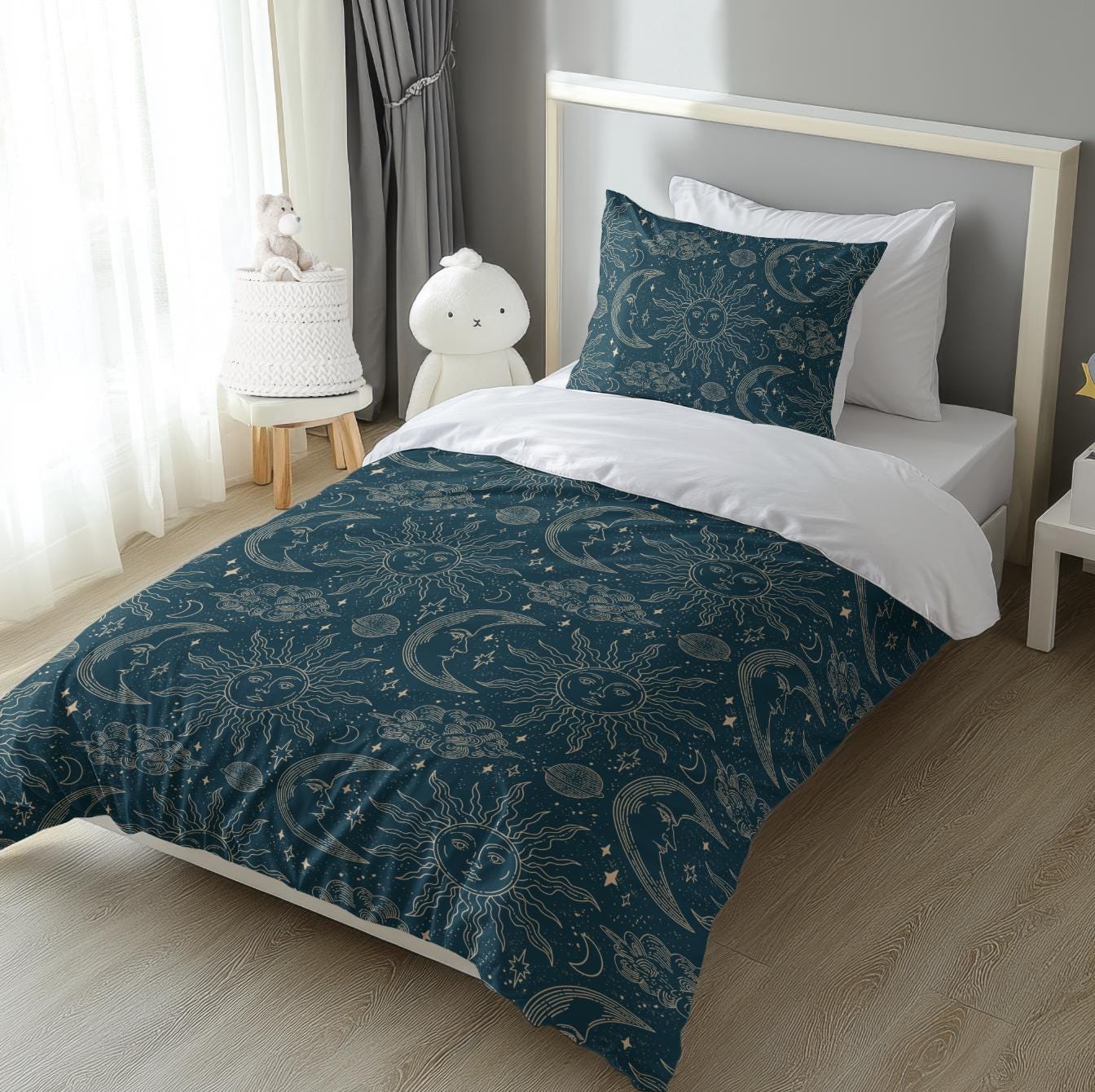 Celestial - Teal Gold Beige, Bedding, Duvet Covers, Fitted Sheets, Celestial Moons and Stars bedding, Modern Bedding, Kids Bedding