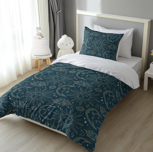 Celestial - Teal Gold Beige, Bedding, Duvet Covers, Fitted Sheets, Celestial Moons and Stars bedding, Modern Bedding, Kids Bedding