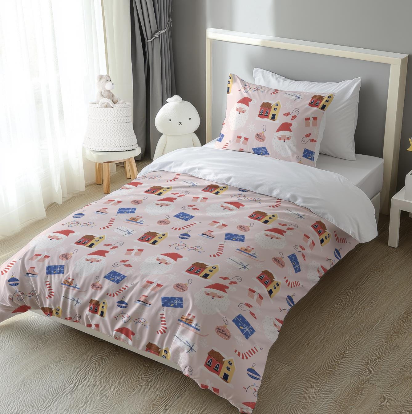 Christmas - Jolly Pink, Bedding, Duvet Covers, Fitted Sheets, Festive bedding, Christmas Santa and Presents Bedding, Kids Bedding