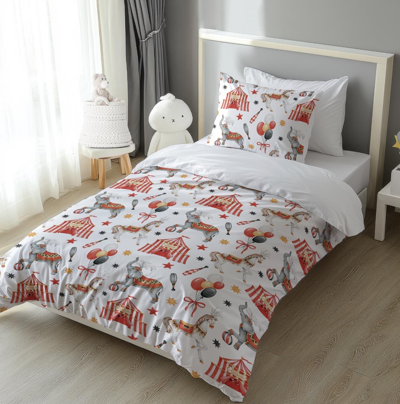 Circus - Red, Bedding, Duvet Covers, Fitted Sheets, Circus bedding with elephants and horses, Red bedding, Cute Bedding, Kids Bedding