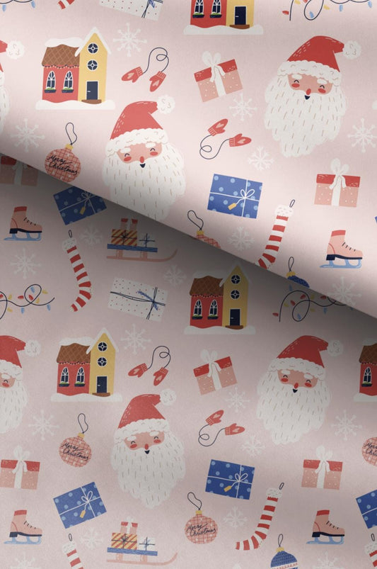 100% Cotton Fabric, Christmas - Jolly Pink, Santa, Presents, Fabric, Quilting Fabric, 147cm Wide, Meter, Festive fabric