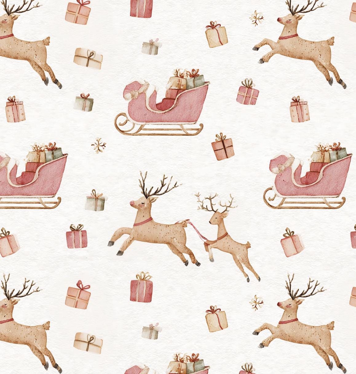 100% Cotton Fabric, Christmas - Sleigh Reindeer, Reindeer, Presents, Fabric, Quilting Fabric, 147cm Wide, Meter, Festive fabric