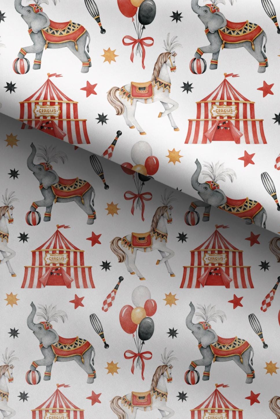 100% Cotton Fabric, Circus - Red, Circus, Elephants, Circus Tent, Quilting Fabric, 147cm Wide, Meter, Kids fabric