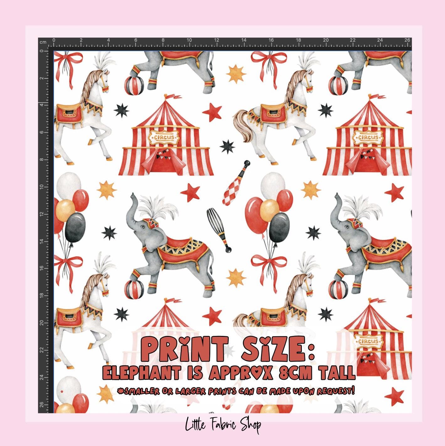 100% Cotton Fabric, Circus - Red, Circus, Elephants, Circus Tent, Quilting Fabric, 147cm Wide, Meter, Kids fabric