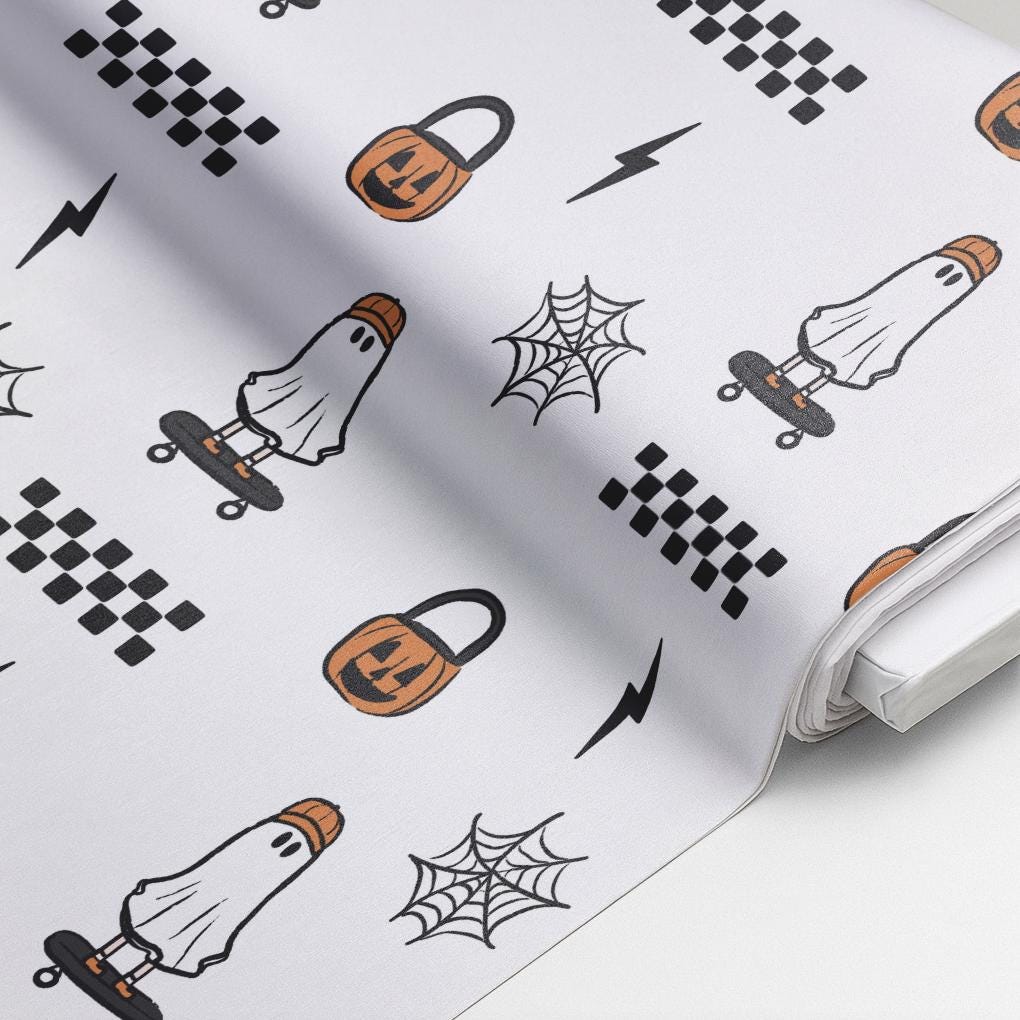 100% Cotton Fabric, Ghost - Skateboard, Ghost, Pumpkin, Skater Fabric, Quilting Fabric, 147cm Wide, Meter, Kids fabric