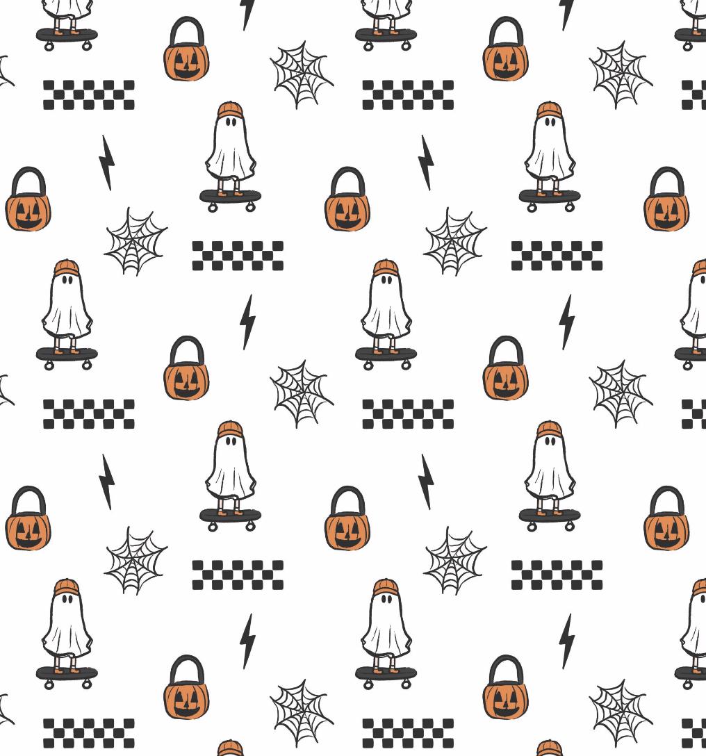 100% Cotton Fabric, Ghost - Skateboard, Ghost, Pumpkin, Skater Fabric, Quilting Fabric, 147cm Wide, Meter, Kids fabric