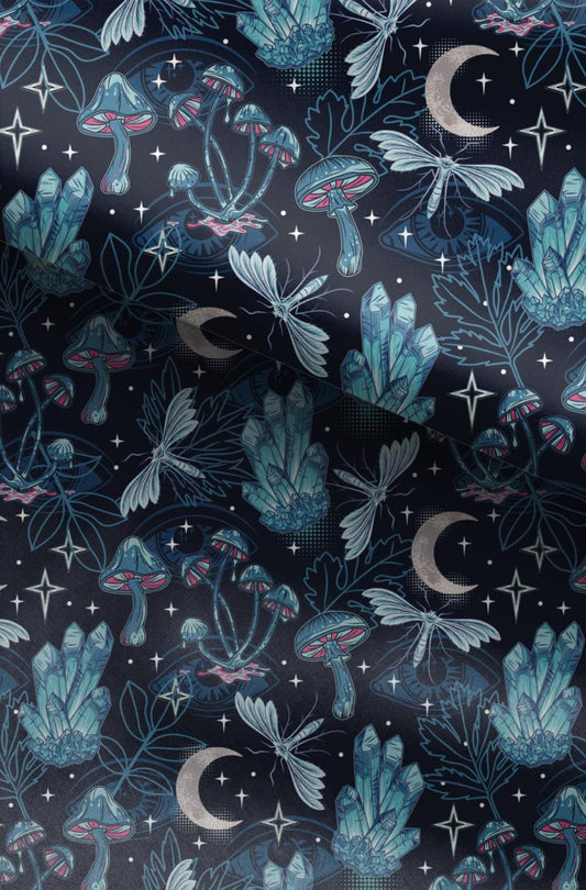 100% Cotton Fabric, Crystals - Blue, Dark Woodland Magical Fabric, Quilting Fabric, 147cm Wide, Meter, Magical fabric