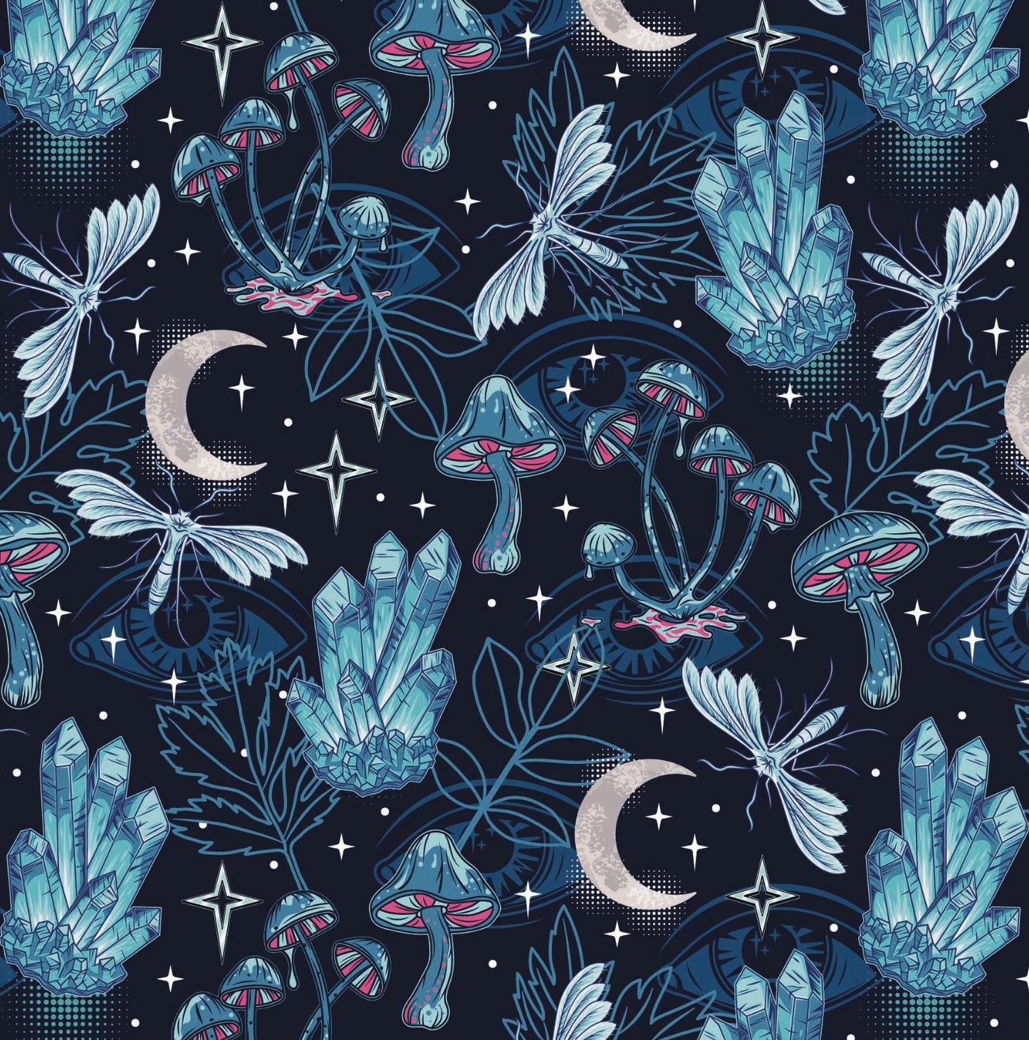 100% Cotton Fabric, Crystals - Blue, Dark Woodland Magical Fabric, Quilting Fabric, 147cm Wide, Meter, Magical fabric