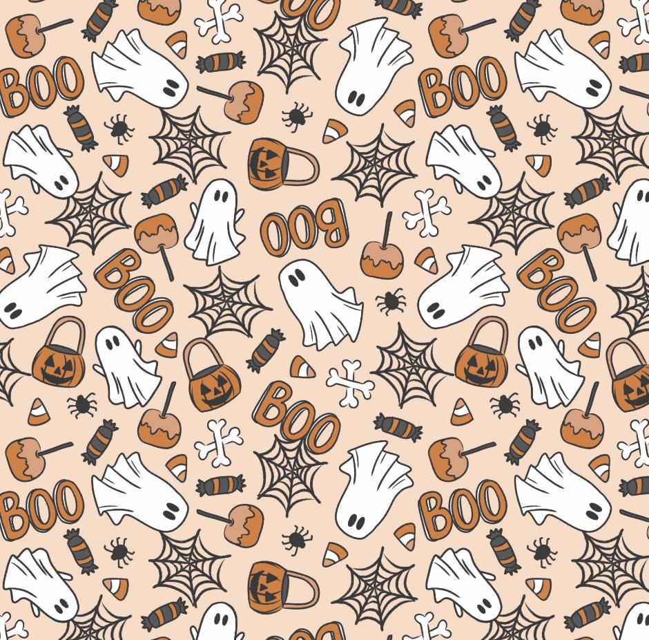 100% Cotton Fabric, Ghosts - Orange Fabric, Quilting Fabric, 147cm Wide, Meter, Halloween, Ghosts, Pumpkins fabric