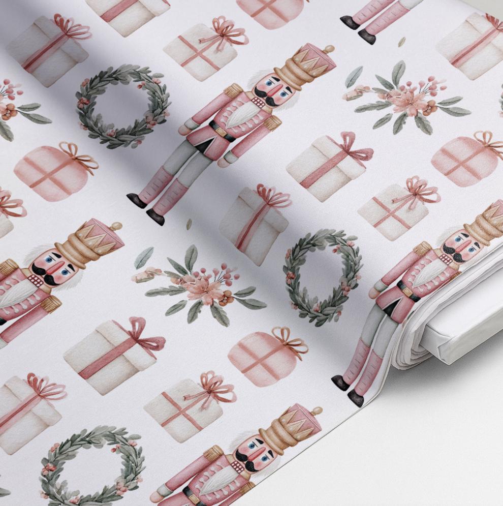 100% Cotton Fabric, Nutcracker - Pink Fabric, Quilting Fabric, 147cm Wide, Meter, Pink Nutcracker, Wreath Christmas Fabric