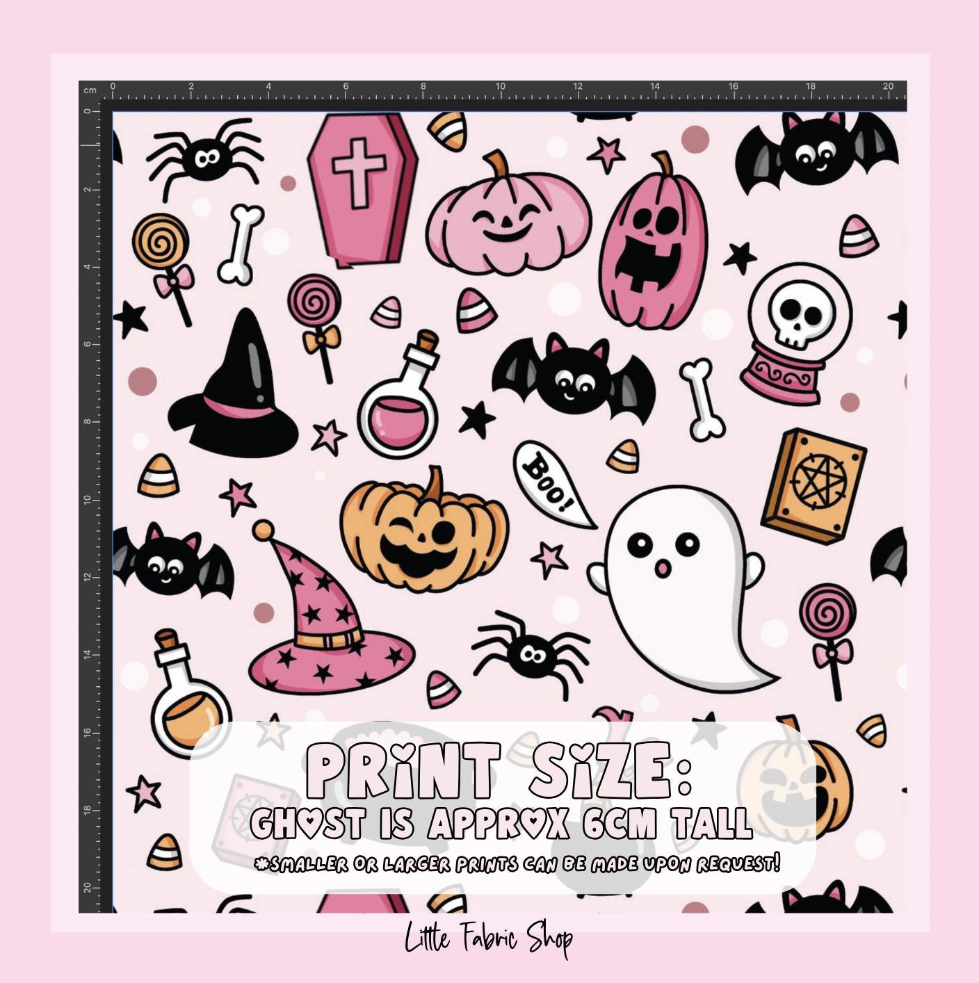 100% Cotton Fabric, Halloween - Pink Fabric, Quilting Fabric, 147cm Wide, Meter, Ghost, Pumpkin, Bat, Witches Hat Fabric