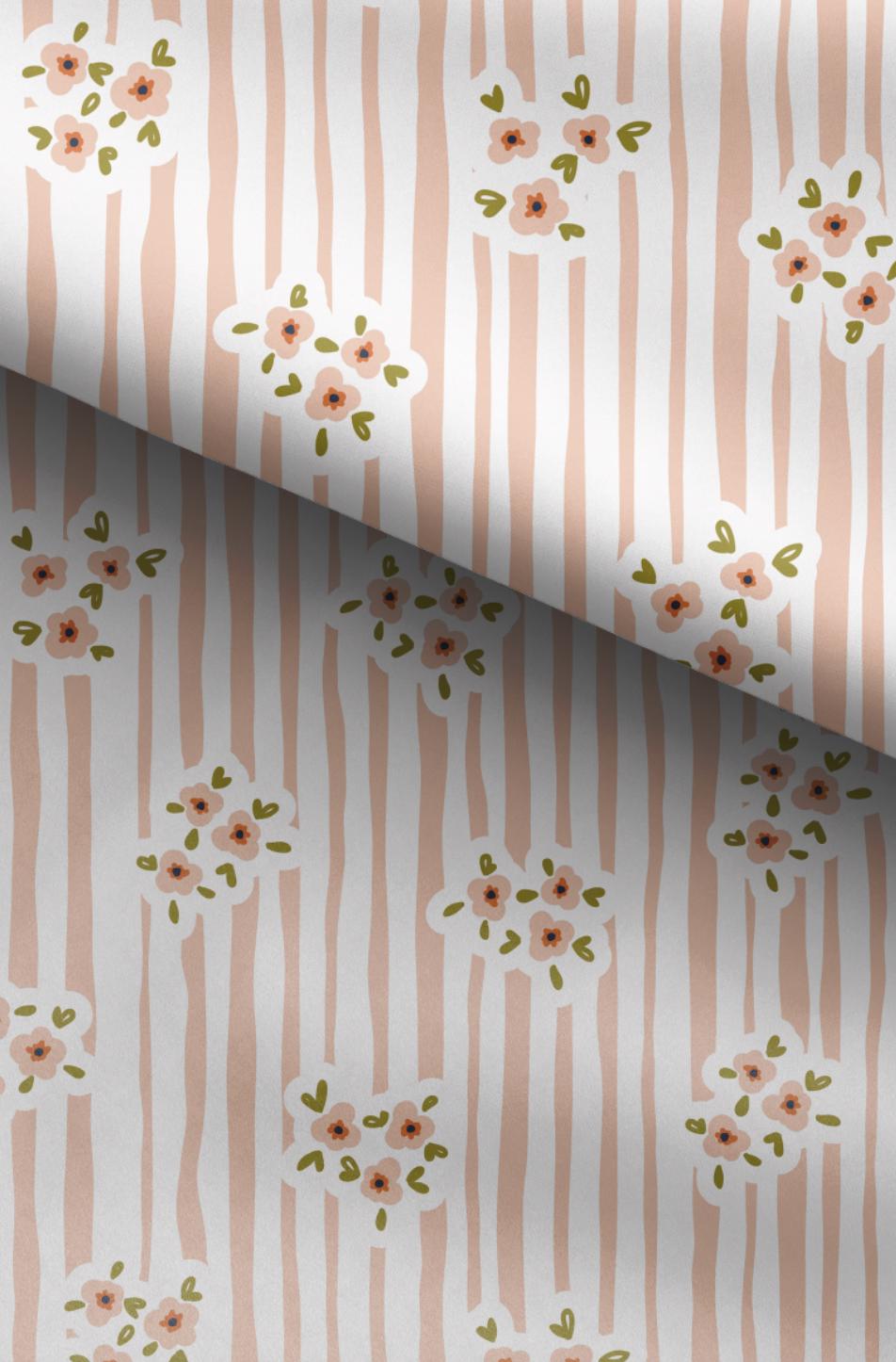 100% Cotton Fabric, Stripes - Floral Pink Fabric, Quilting Fabric, 147cm Wide, Meter, Flower, Stripes, Pretty Pink Peach Fabric