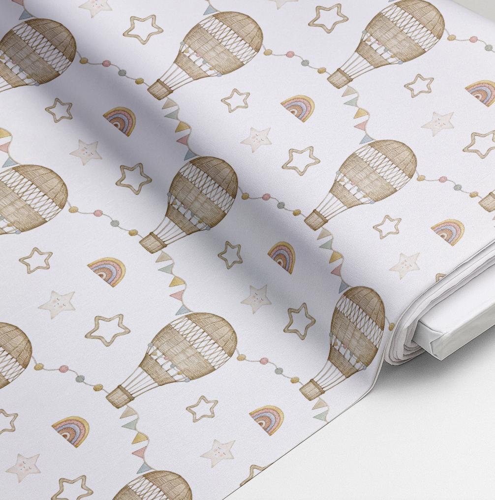 100% Cotton Fabric, Hot Air Balloons - Wicker Rainbows Fabric, Quilting Fabric, 147cm Wide, Metre, Hot Air Balloons Fabric