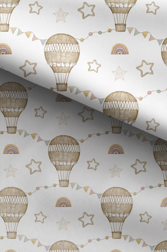100% Cotton Fabric, Hot Air Balloons - Wicker Rainbows Fabric, Quilting Fabric, 147cm Wide, Metre, Hot Air Balloons Fabric