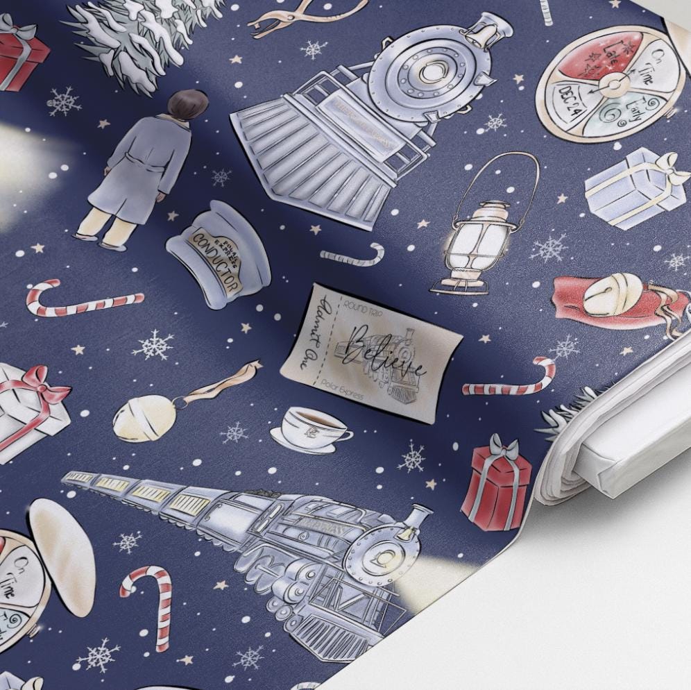 100% Cotton Fabric, Polar Express Train, Fabric, Quilting Fabric, 147cm Wide, Meter, Christmas, Festive, Train, Believe Fabric