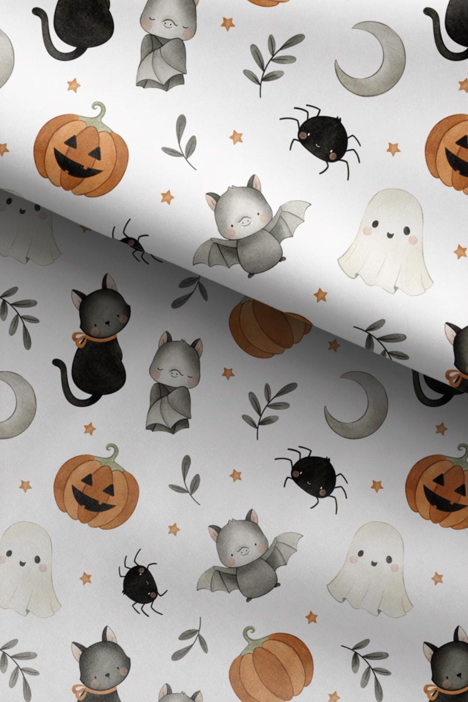 100% Cotton Fabric, Halloween -Watercolour Bats, Fabric, Quilting Fabric, 147cm Wide, Meter, Halloween, Cute Bat Fabric, Pumpkins