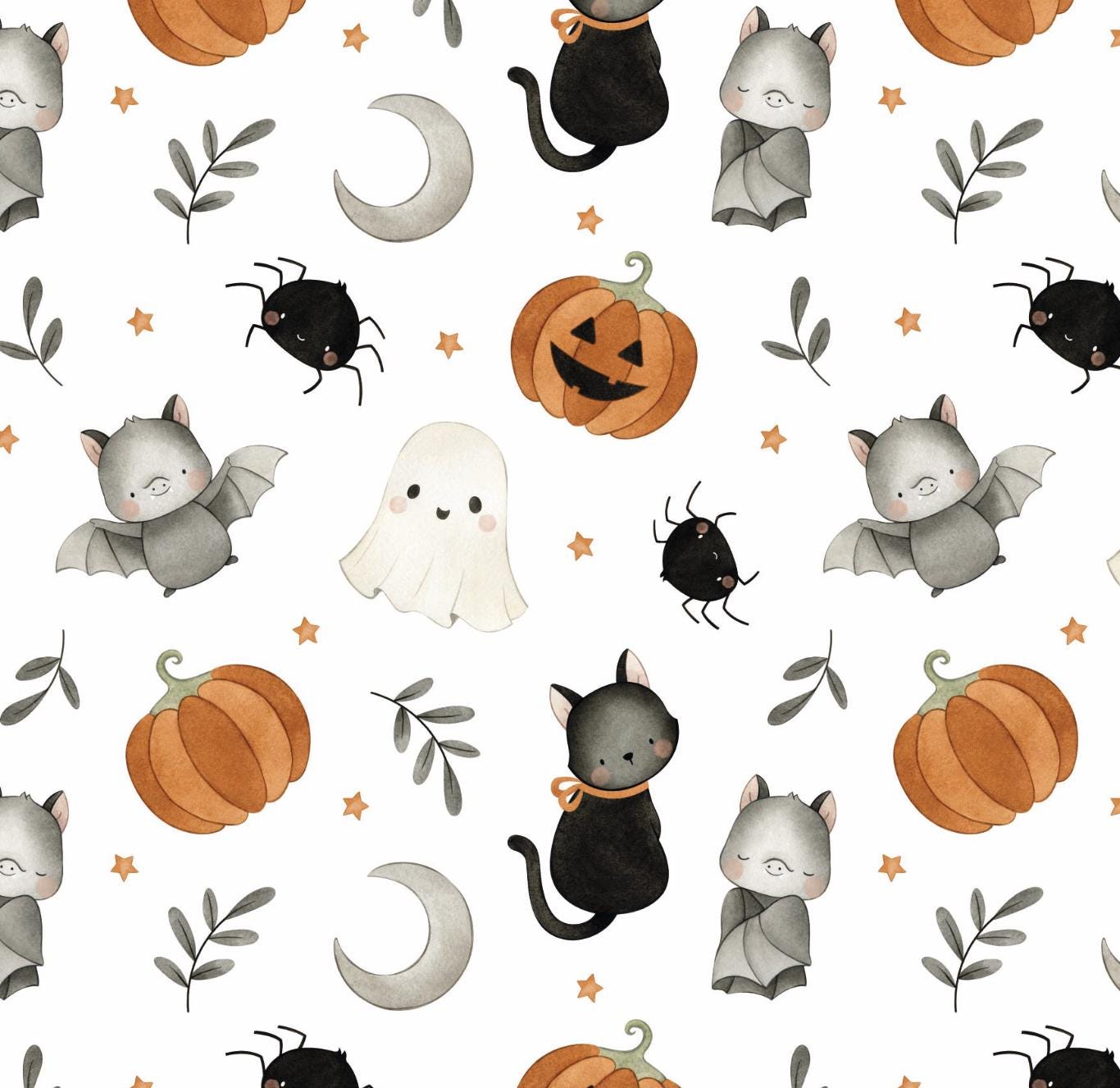 100% Cotton Fabric, Halloween -Watercolour Bats, Fabric, Quilting Fabric, 147cm Wide, Meter, Halloween, Cute Bat Fabric, Pumpkins