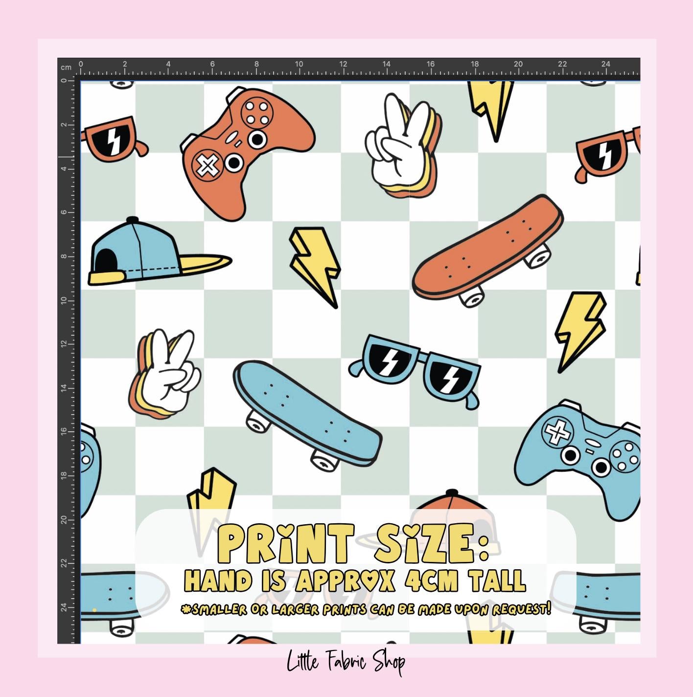 100% Cotton Fabric, Checkered - Skater Boy, Fabric, Quilting Fabric, 147cm Wide, Meter, Skater, Playstation, Fabric