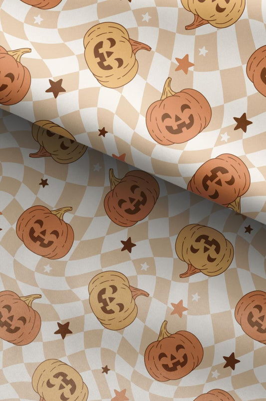 100% Cotton Fabric, Pumpkins - Checkered - Orange, Fabric, Quilting Fabric, 147cm Wide, Meter, Halloween, Orange Pumpkin Fabric