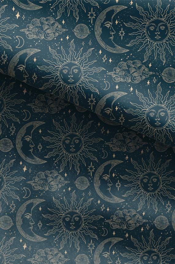 100% Cotton Fabric, Celestial - Dark Teal Navy, Gold, Fabric, Quilting Fabric, 147cm Wide, Meter, Crescent Moon Fabric