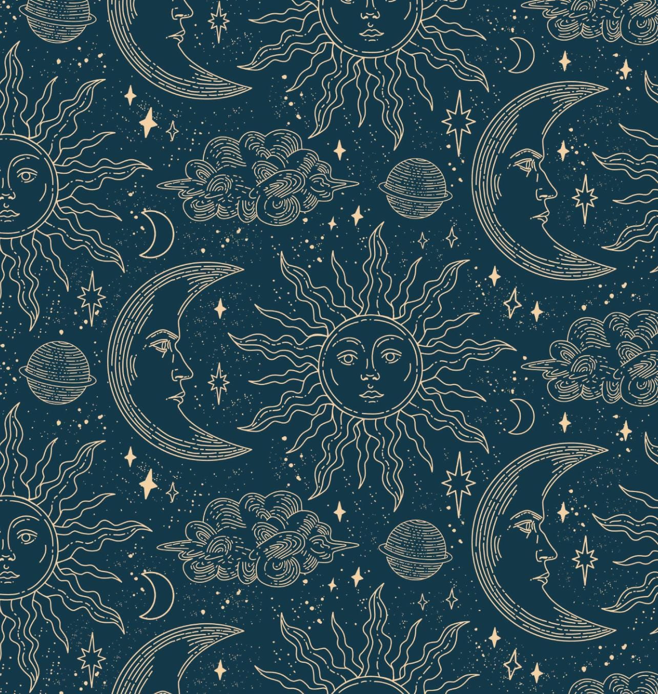 100% Cotton Fabric, Celestial - Dark Teal Navy, Gold, Fabric, Quilting Fabric, 147cm Wide, Meter, Crescent Moon Fabric
