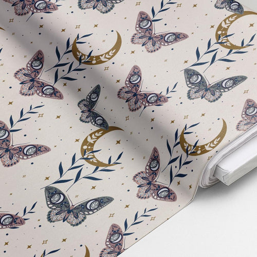 100% Cotton Fabric, Celestial - Butterflies Beige, Fabric, Quilting Fabric, 147cm Wide, Meter, Celestial Crescent Moon Fabric