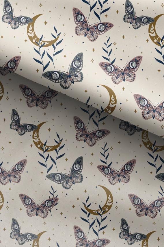 100% Cotton Fabric, Celestial - Butterflies Beige, Fabric, Quilting Fabric, 147cm Wide, Meter, Celestial Crescent Moon Fabric
