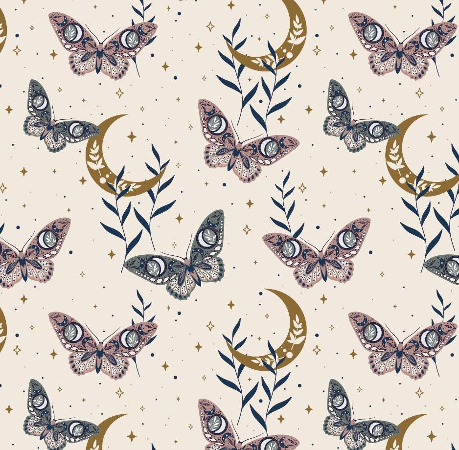 100% Cotton Fabric, Celestial - Butterflies Beige, Fabric, Quilting Fabric, 147cm Wide, Meter, Celestial Crescent Moon Fabric