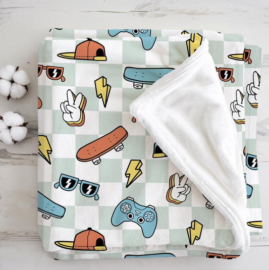Checkered - Skater Boys, Sherpa Fleece Blanket, Decor, Kids Bedding, Blankets, Children's Room, Blue Checkered Cool Boys Kids Blanket