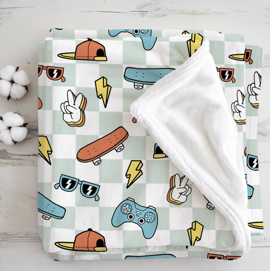 Checkered - Skater Boys, Sherpa Fleece Blanket, Decor, Kids Bedding, Blankets, Children's Room, Blue Checkered Cool Boys Kids Blanket