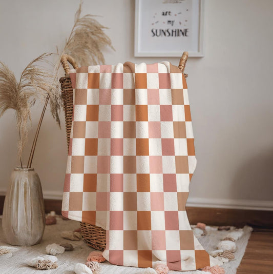 Checkered - Fall, Orange Peach Brown, Sherpa Fleece Blanket, Decor, Kids Bedding, Blankets, Bedroom, Fall Autumn Checkered Fleece Blanket